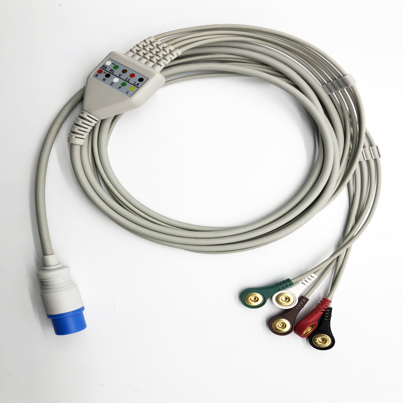Medical 6 Pin 5 Lead One Piece ECG Trunk Cable Fit MEK Vital Monitor, Dual Style with Snap Buttons and Alligator Clips