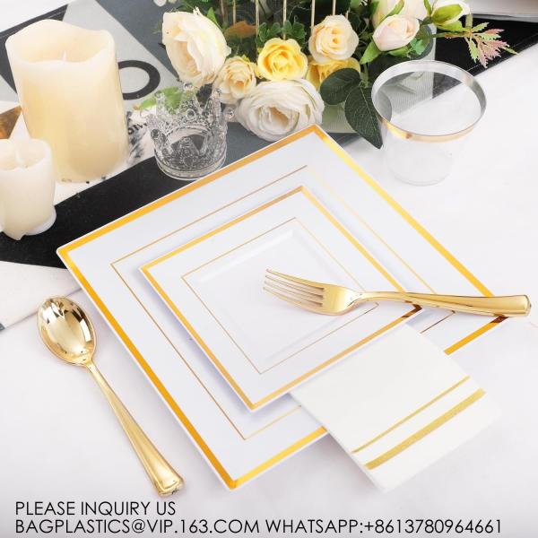 Gold Plastic Plates - Disposable Square Gold Plates Include Dinner Plates Dessert Plates Cups Plastic Cutlery
