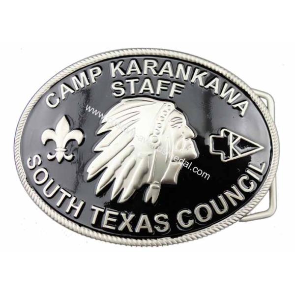 Customized Zinc Alloy 3D CAMP Karankawa Staff Belt Buckle with Soft Enamel, Misty Nickel Plating