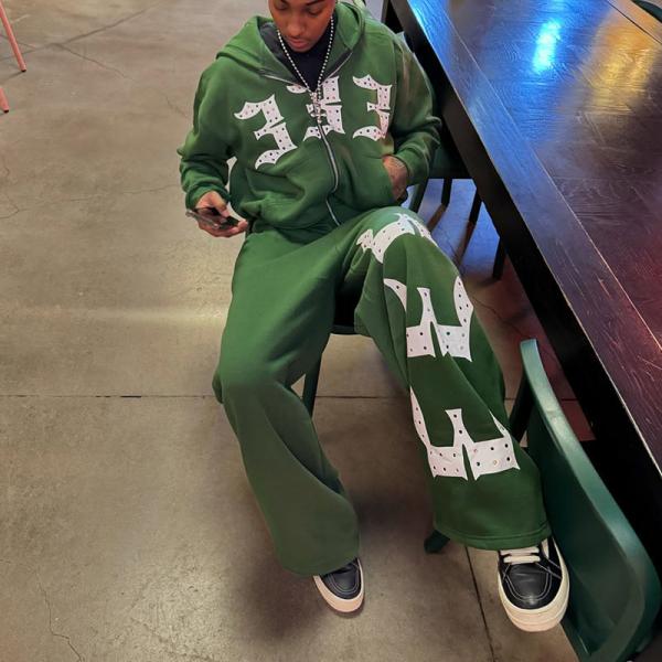 Cadeau à la fermeture à glissière sur capuche brodée Strass Patch Diamond Acid Wash Hoodies Loose Baggy Sweatpants Tracksuit Hoodie Jogger Set
