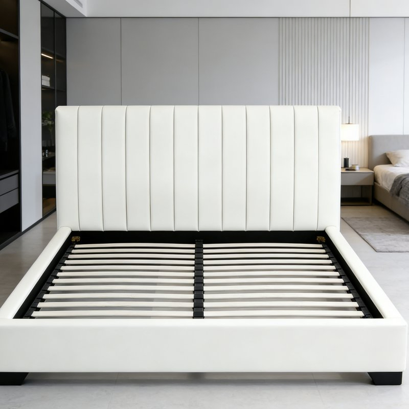 Sturdy Solid Frame Cream Upholstered Platform Bed with Slatted Base