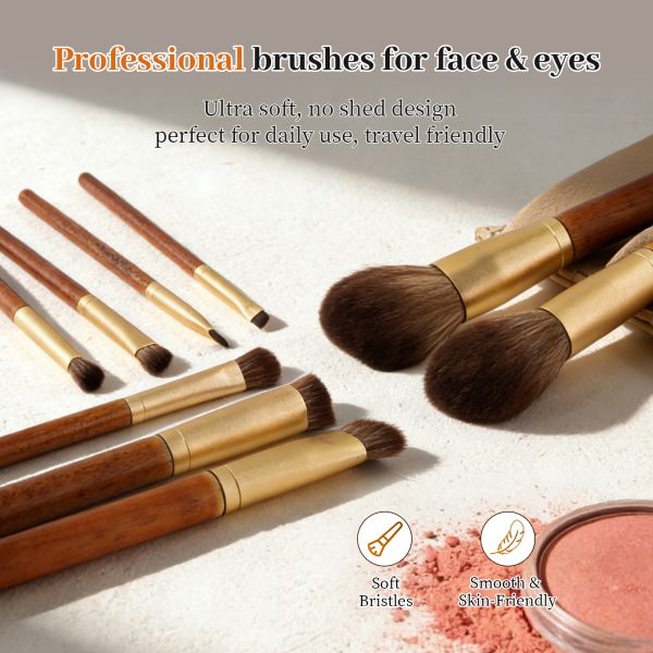 9-Piece Vintage Wooden Handle Makeup Brush Set with Gold Sandblasted Aluminum Ferrules and Ultra-Soft Dual-Tone Nylon Bristles