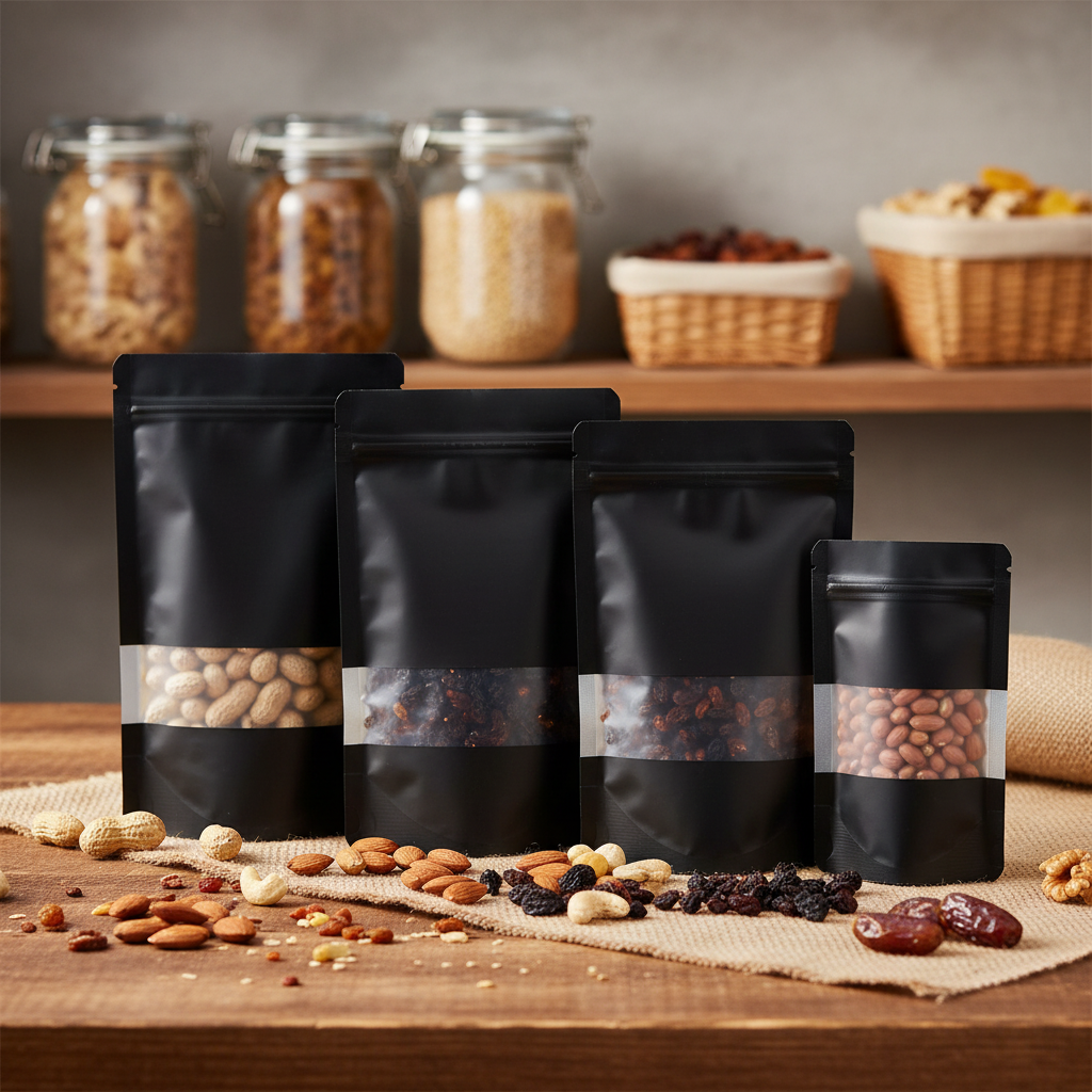 Custom MOQ 1000pcs Black Glossy Food Grade Stand up Resealable Zip Lock Plastic Bags with Clear Window and Custom Logo