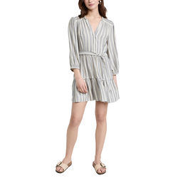                  Ladies Long Sleeve Casual Ruffle V Neck Striped Viscose Mini Dress for Women             