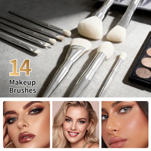 14-Piece Professional Bright Silver Electroplated Makeup Brush Set with High-Density Nylon Bristles