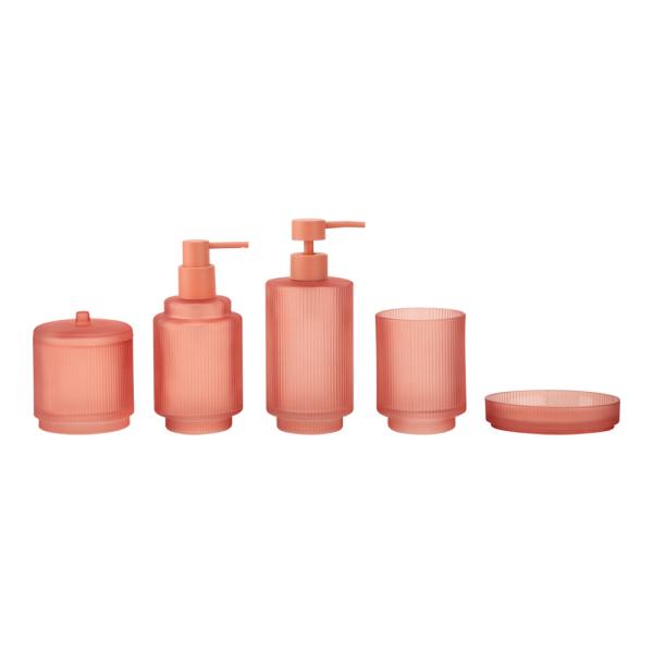 Frosted chili glass bathroom accessories set round shape with vertical stripe and small step soap dish for bathroom glass soap dispenser cotton jar