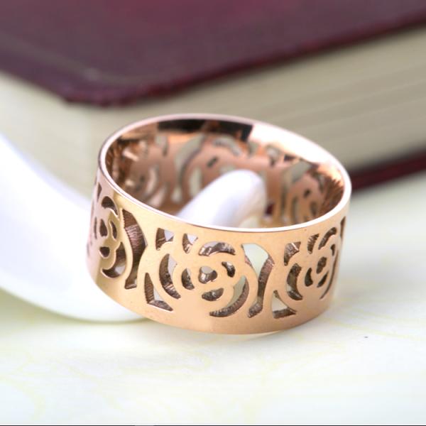 Women Fashion Stainless Steel Jewelry Ring , Hollow pattern Ring, Camellia shape gold Ring