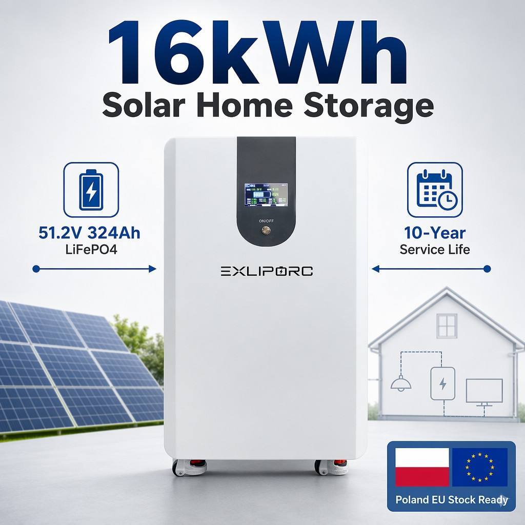 EXLIPORC 16.58kWh 51.2V LiFePO4 Home Battery with 8000+ Cycles and High Capacity for Home Energy Storage