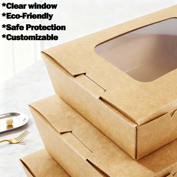 Customized Kraft Paper Lunch Box with Window Food Grade Takeaway Square Bowl
