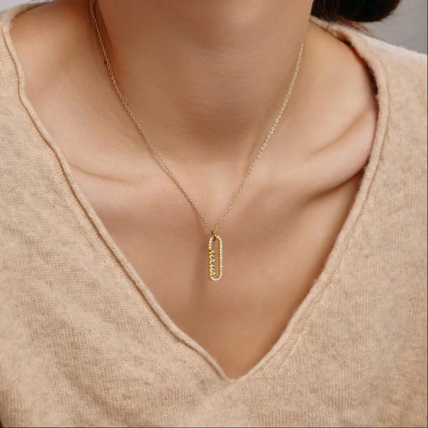 18k Gold Mom paperclip Pendant Necklace in 925 Sterling Silver