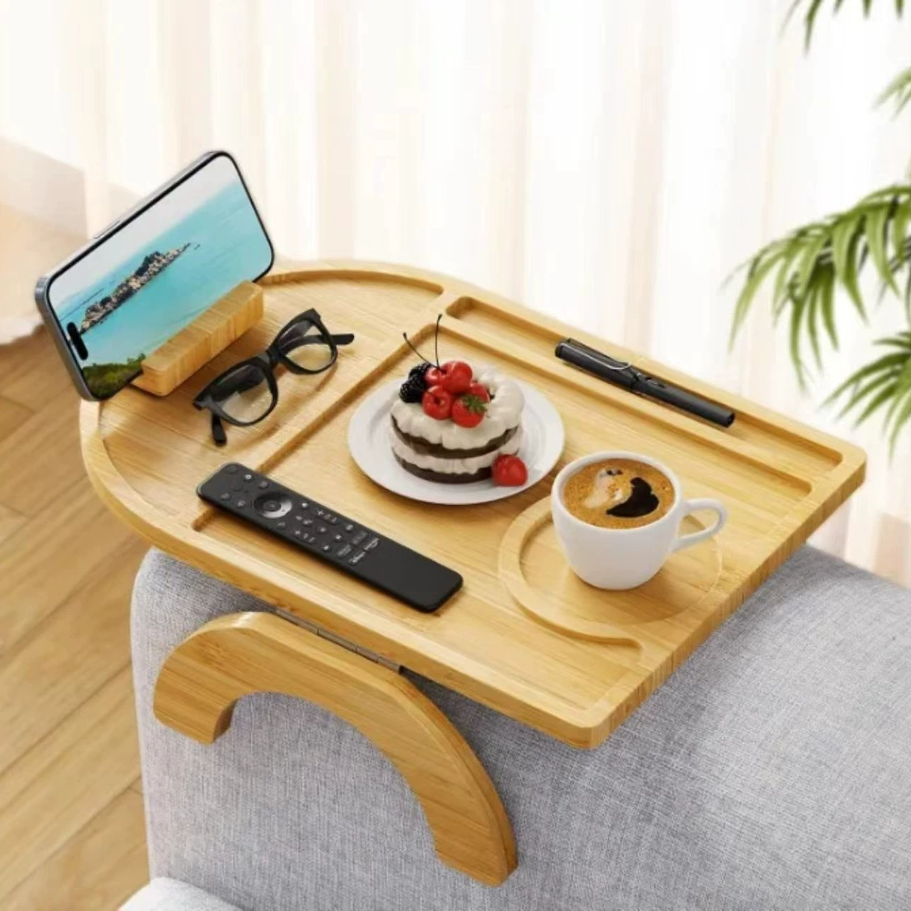 Foldable Bamboo Sofa Armrest Tray Adjustable With Phone Holder Houseware Supplies