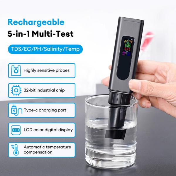 Nuevo medidor de calidad de agua recargable USB 5 en 1 ¢ TDS de pantalla de color, sal, EC, pH, probador de temperatura