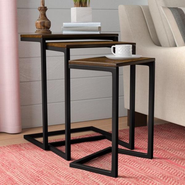 Industrial Wood Metal Nesting Bedside Tables C Shaped