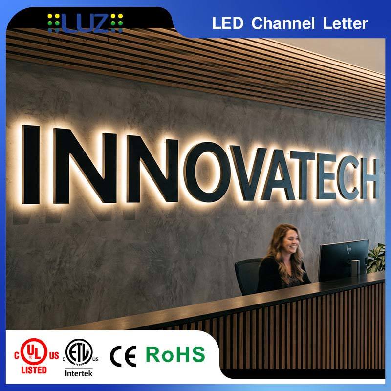 Matt Black Painted Metal Shell Warm White Halo Lit LED Signage With Standoffs For Corporate Office Lobby