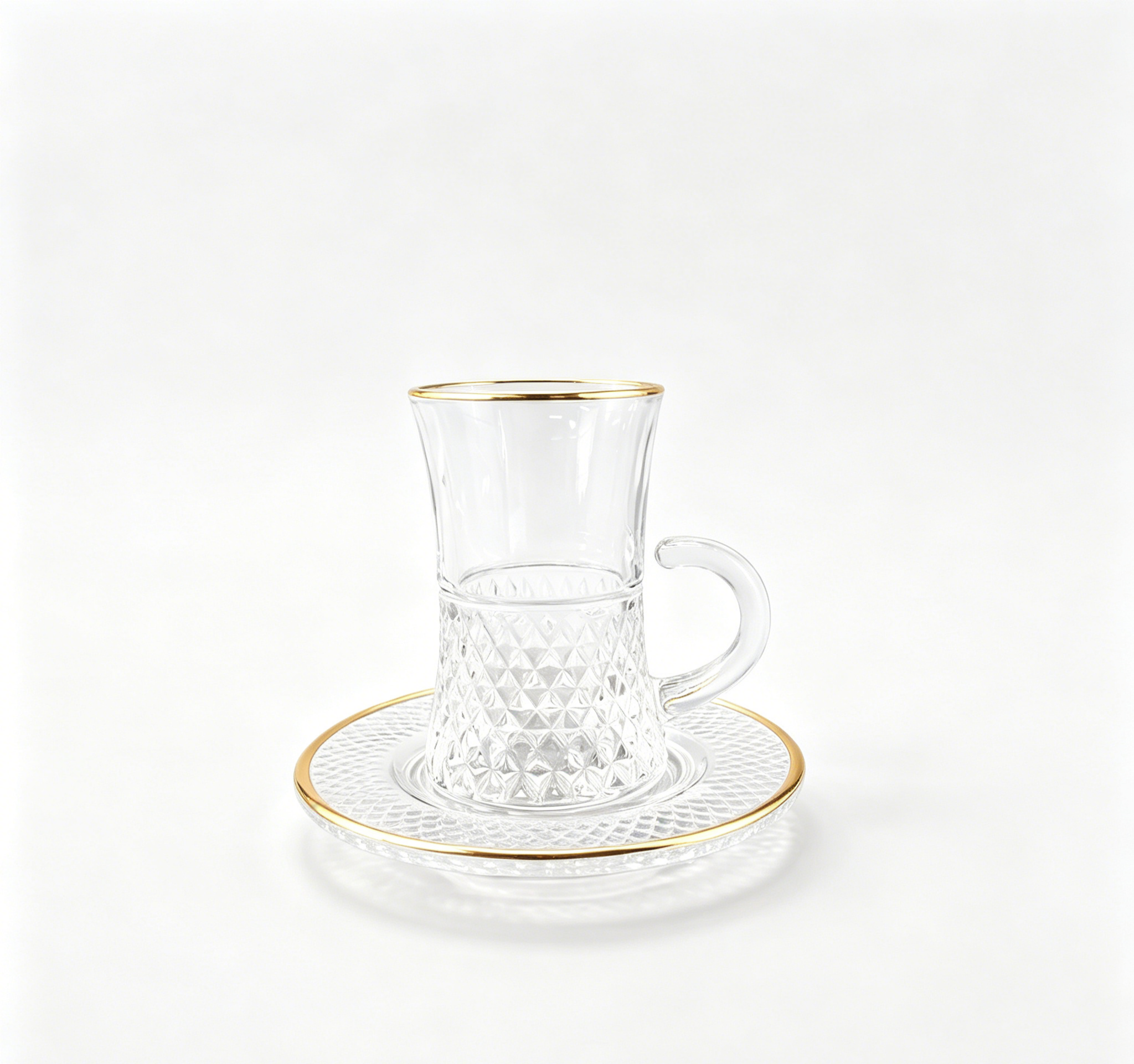 Factory Wholesale Customizable Gold Rim Embossed Glass Tea Cup Set 18PCS Glass Tea Cup Cawa Cup with Saucer Premium Quality Glassware