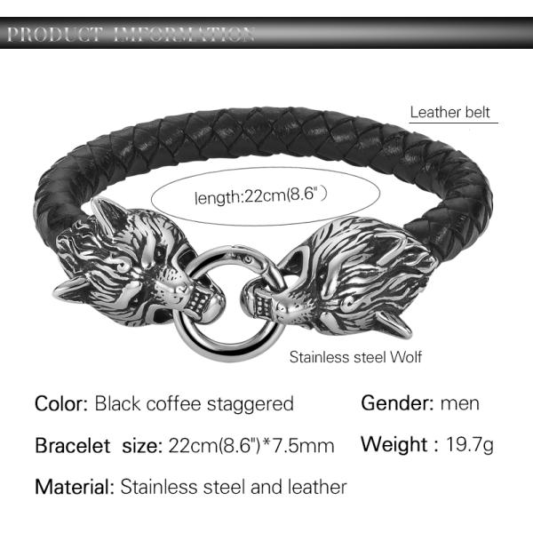 Hot Sales PU Leather Stainless Steel Double Wolf Heads Bracelet