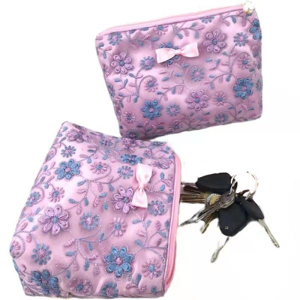 Customized Purple Flower Pattern Large Zipper Makeup Bag Lace Cloth Embroidery