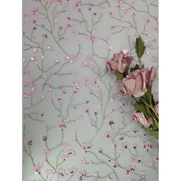 Pink Flower Lace Fabric OEM Embroidery 3D Sequin Lace Fabric for Dress