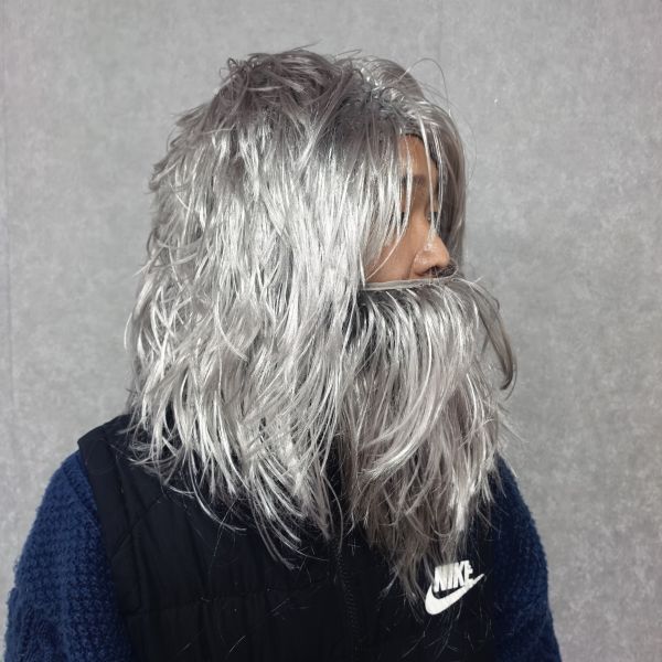 Realistic Grey Wig and Beard Set for Men, Long Silver Hair Old Man Costume, Wizard Hermit Caveman Cosplay for Halloween Party