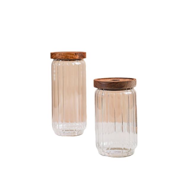Ripples Cylinder Borosilicate Glass Jar With Acacia Wood Lid For Tea Leaves Party Use