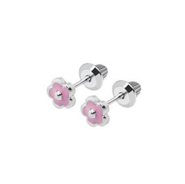 Cute Trendy Pink Flower Enamel Screw Back Earring Adorable 925 Sterling Silver Design