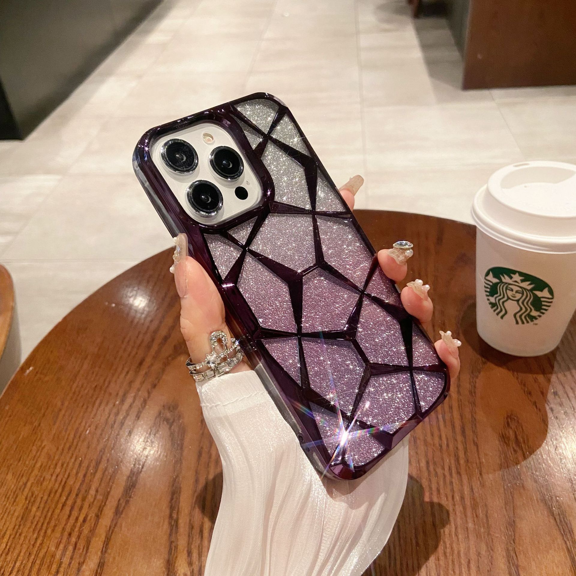 PC Premium Geometric Quilted Gradient Glitter Soft Waterproof Shockproof Mobile Phone Case for for 11 12 13 14 15 Pro Max