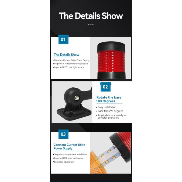 Lámpara de torre de señal RYG con ángulo de haz de 360° con zumbador, luces indicadoras de equipo de tres capas