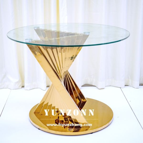 White Glass Wedding Display Cake Table with Round Gold Nest Base Stainless Steel for Hotel Furniture
