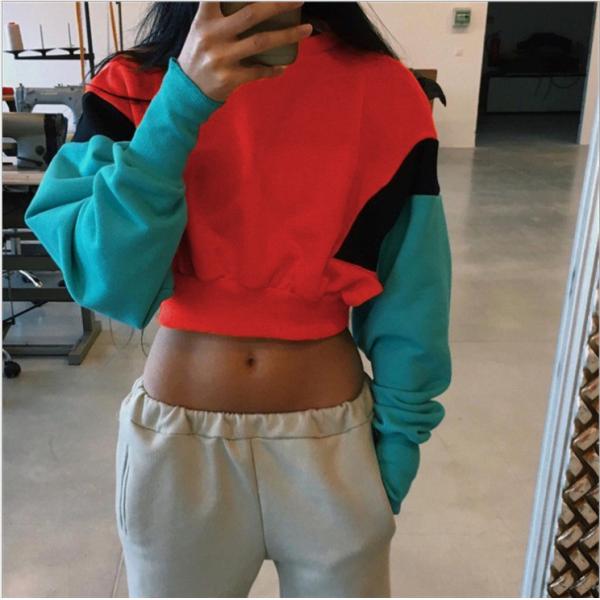 Sports Stitching Fleece Anti Pilling Women Crop Hoodie Sweatshirt