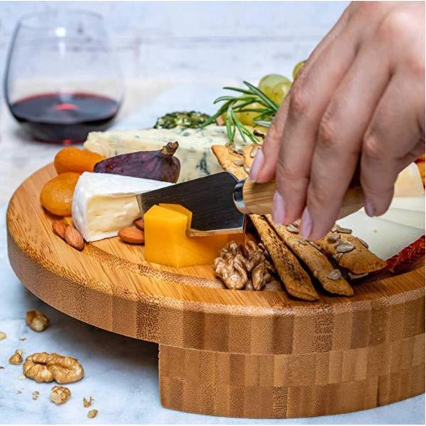 Small Bamboo Meat Charcuterie Cheese Board with Knives Custom Logo Round Pizza Stands