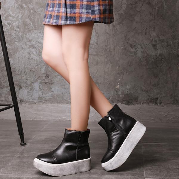 S040 Round toe retro leather women's boots fluffy flat wedge heel literary fan original handmade thick-soled women's
