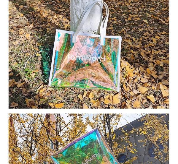 Vinyl beach totes handy bag, handle bag, should bag, Clear bag, Holographic Tote Bags, Iridescent Waterproof Top Handle Bag, Clear Jelly Totes Vocation Party Beach Bag