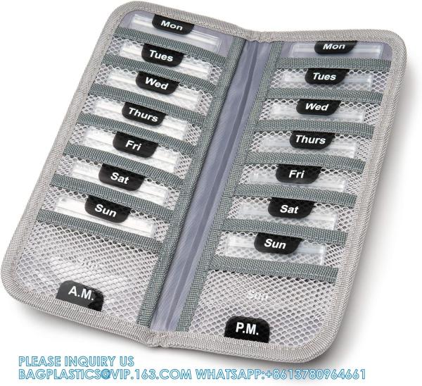 Pill Organizer + Supplement Case For OTC Medicine, Prescription + Vitamins - 14 Labeled Monday-Sunday Pouches