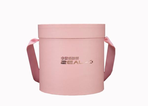 Luxury Rose Cylinder Gift Box Pink Paper Gold Logo With Ribbon Handle