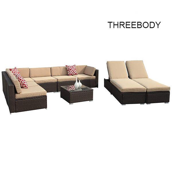 Brown Wicker Outdoor Patio Sectional Sofa Set , Modern Patio Furniture Beige Seat Lounge Chair