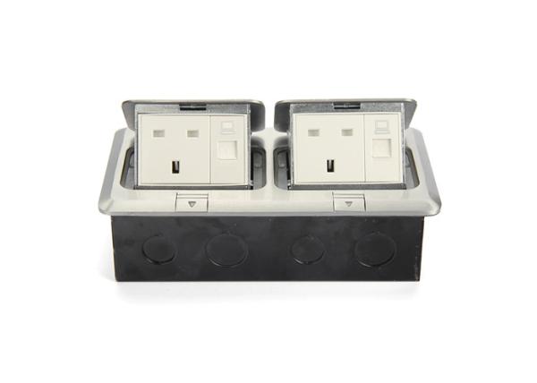 Aluminium Alloy Double Floor Socket Silver Duplex Floor Box 2 Power 2 Network
