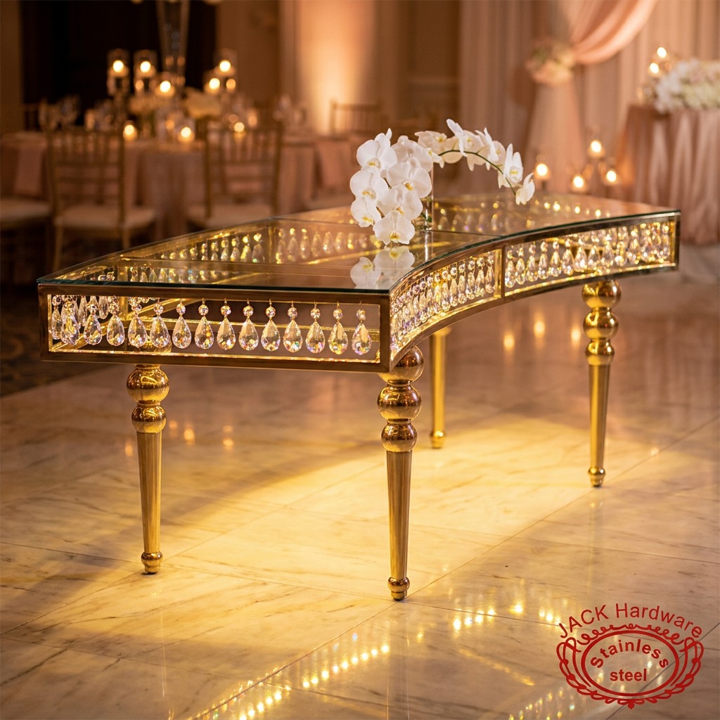 WENDING Gold Crescent Crystal-Pendant Spindle-Leg Banquet Table – European Opulent Wedding Table
