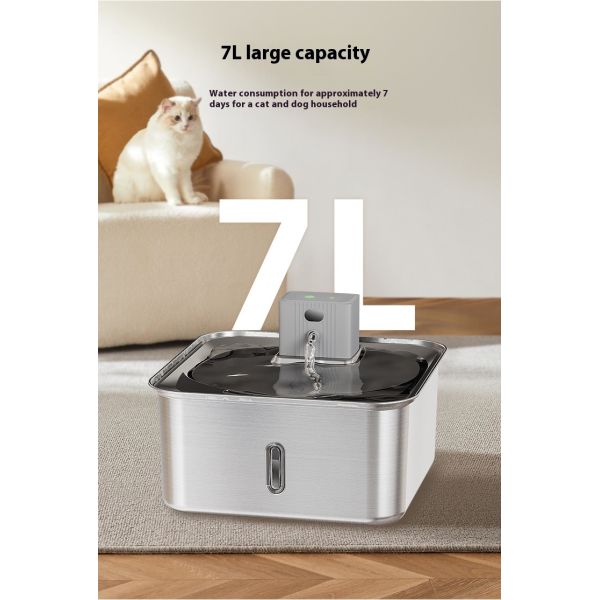 Smart Rechargeable All Stainless Steel Pet Water Dispenser Large 7L Automatic Dog Bowl Solid PC Unplugged Charge Water Bottle