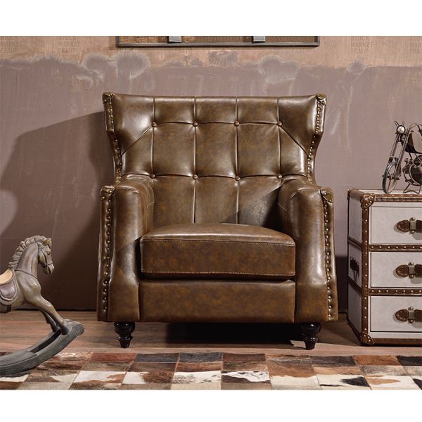 Nidea #8957 American Vintage Handmade Living Room Bedroom Lounge Chesterfield Back Armchair High Tufted Button Rolled Genuine Leather Sofa