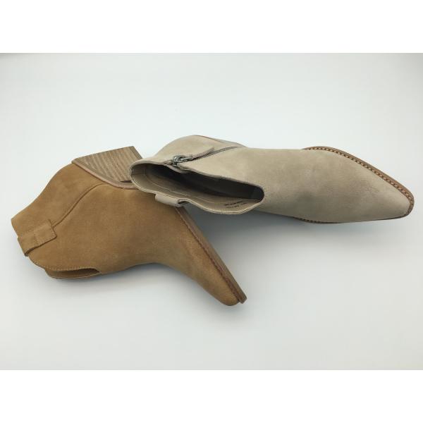 brown cow suede leather Womens Dress Boots with metal zipper，pointed toe abs heel ankle boots