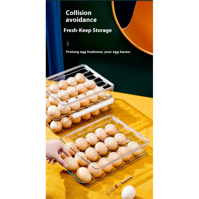 Multi-layer Durable Clear Plastic Rolling Kitchen Organizer Rectangle Egg Storage Box Holder for Refrigerator Auto
