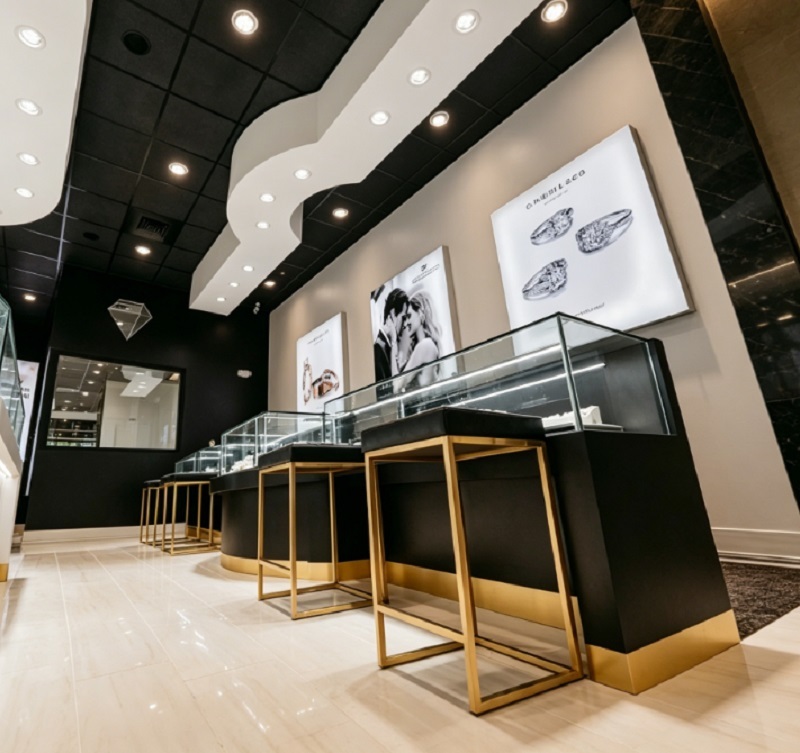 Black & Gold Jewelry Store Interior Design, Complete Turnkey Fixture Package with Linear Showcase Counters