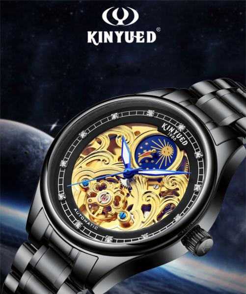 KINYUED popular stainless steel classical automatic luminous hands mens automatic skeleton watch