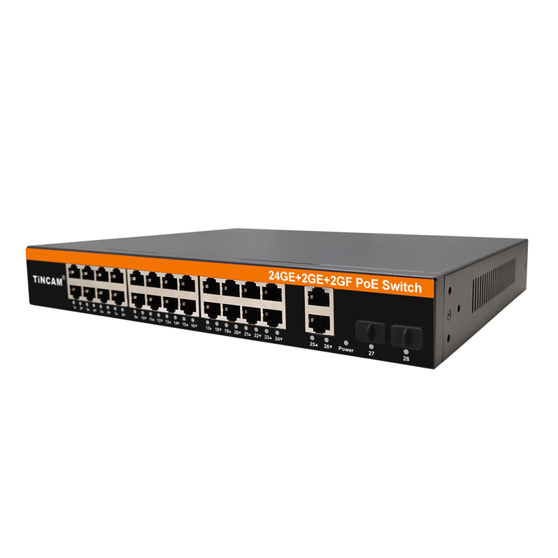 24 Port Gigabit PoE Switch 28-Port Ethernet Switch with 24 PoE+ Ports 2 Gigabit RJ45 Uplink 2 Gigabit SFP Slots IEEE 802.3af/at 200W or 300W Rackmount TBC-PS5124N-4PF