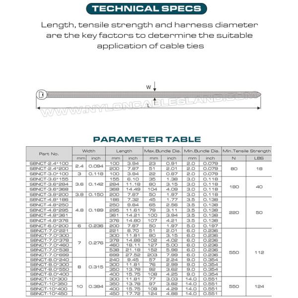 Brida de nylon con lengüeta inoxidable 400mm x 8mm, brida plástica ajustable de Ø9-108mm con diente metálico 550N (112 libras) para construcción naval