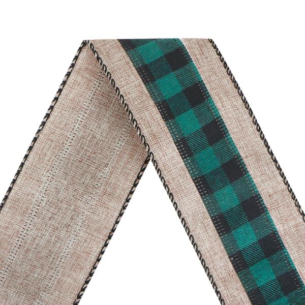 2.5 Inch Wired Edge Plaid Burlap Ribbon for Christmas Present Wrapping and Floral Bows
