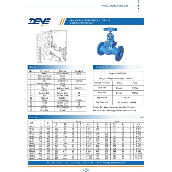 DIN PN10 PN16 Water Valve Cast Ductile Iron Globe Valves With Brass Or Bronze Seat