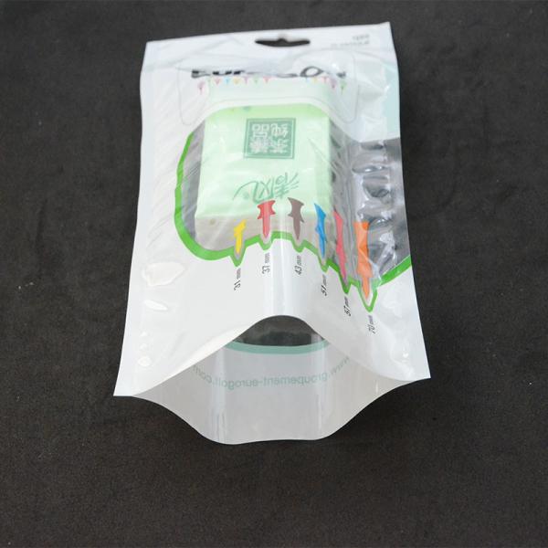 Customized logo OPP plastic golf bag with wooden golf tee/ 3 side seal laminated plastic bag with hanger