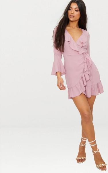 2018 Summer Fashion Women Dusty Pink Frill Tea Dress With Horn Sleeve