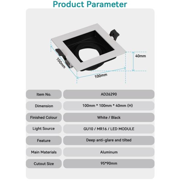 Anti-Glare GU10 MR16 Commercial Adjustable Recessed Spotlight Downlight Frame